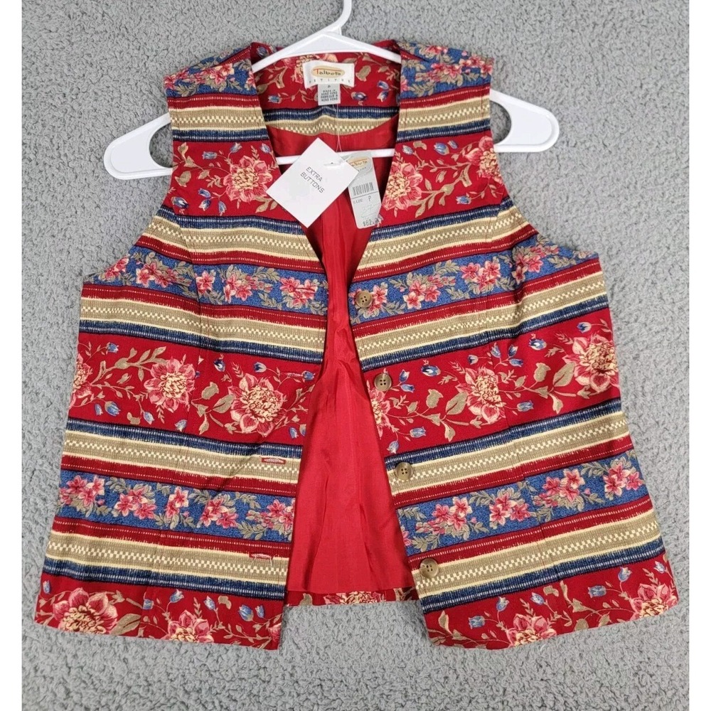 Vintage 90s Talbots Vest Womens Petite P Red Striped Floral Print Boho‎ Cottage